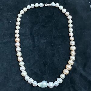 Cream and White Natural Baroque Freshwater Pearl Necklace Sterling Silver